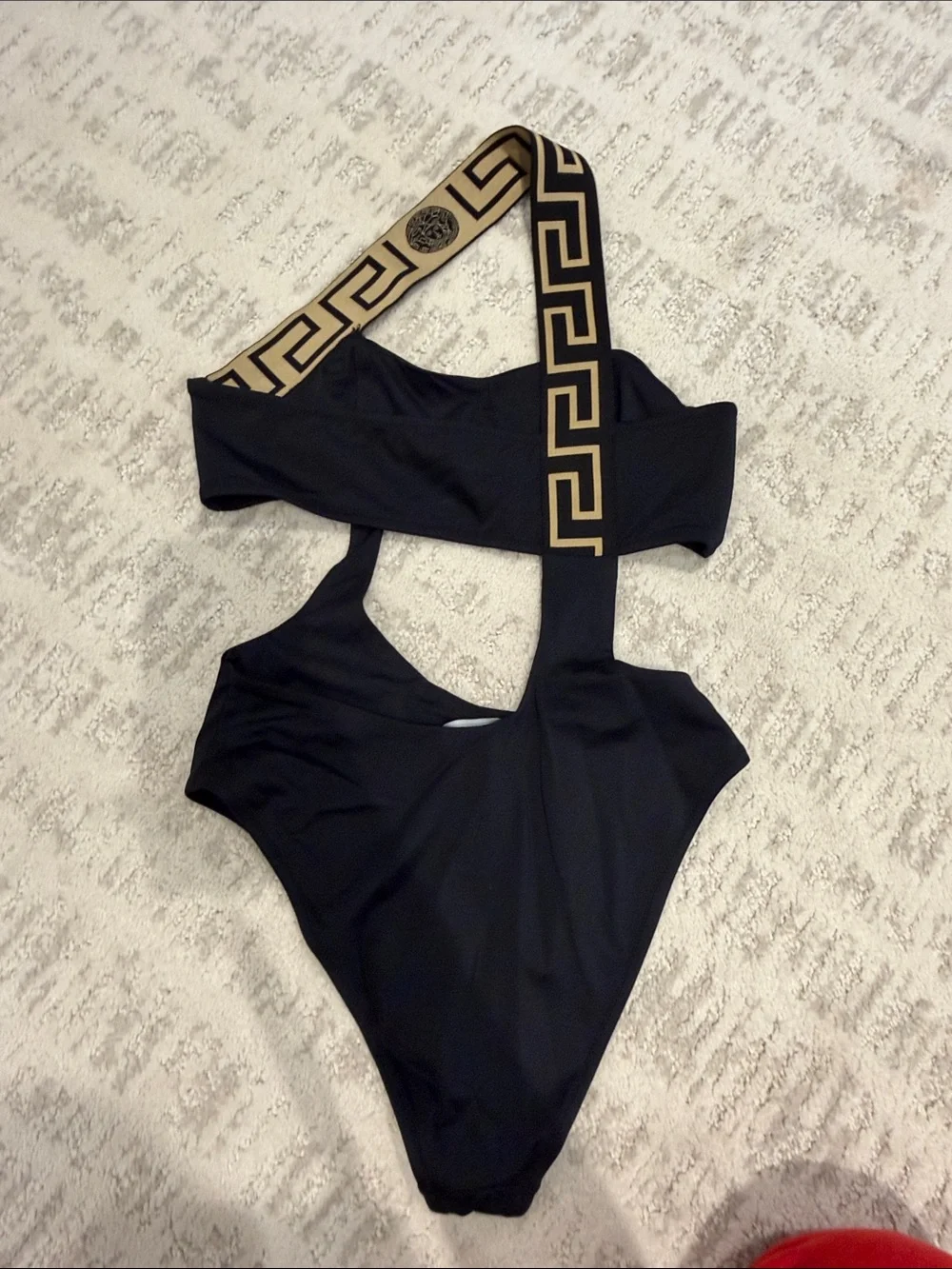 Versace Black One-Shoulder Cutout Swimsuit with Gold Greek Key Strap